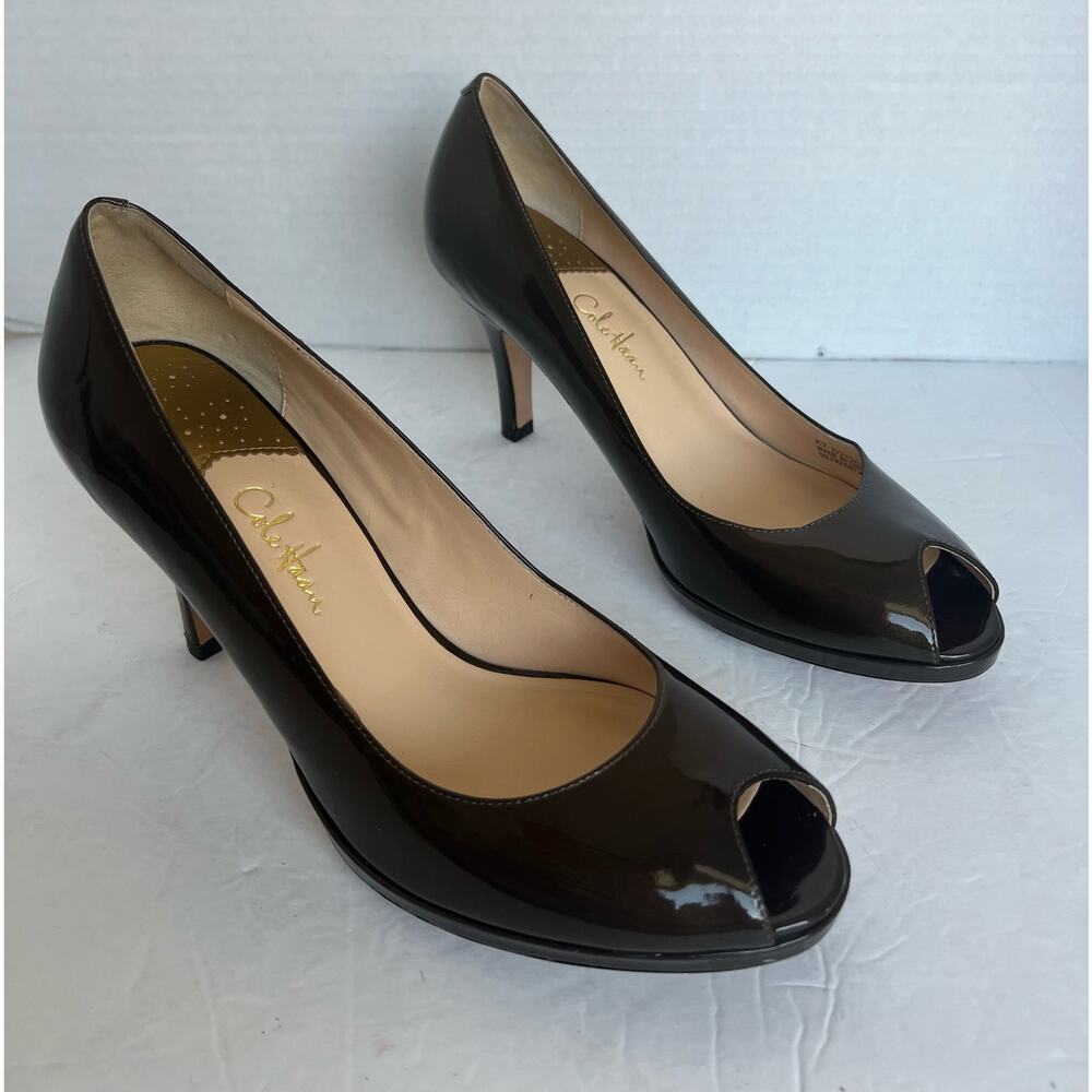 NWOT COLE HAAN CARMA Bronze Patent Leather Peep Toe Air Heels Pump Shoes Size 9B - Picture 2 of 11